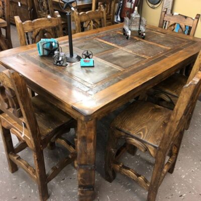 Solid Wood, 6 Foot, Bistro-height Table With Slate Stone Tile Top And Six Matching Stools. Bistro Height Also Available In 4 Foot Square With 4 Chairs.
