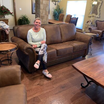 Connie With Her Brand New Custom Living Room Set And End Tables.