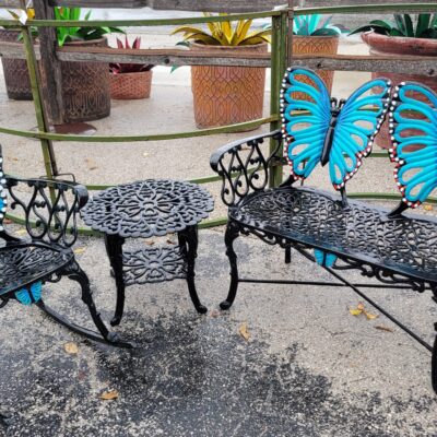 This Custom-painted Blue Butterfly Rocker & Bench Are Featured With A Scroll End Table.