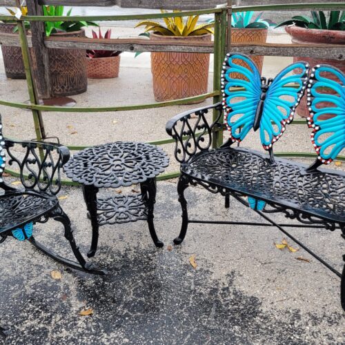 Blue Butterfly Rocker And Bench With Scroll End Table.