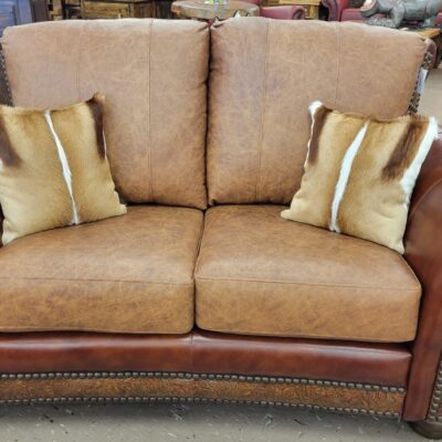 Custom Red & Brown Genuine Leather Loveseat Made Right Here In Texas! ﻿Great For Cozy Spaces!
