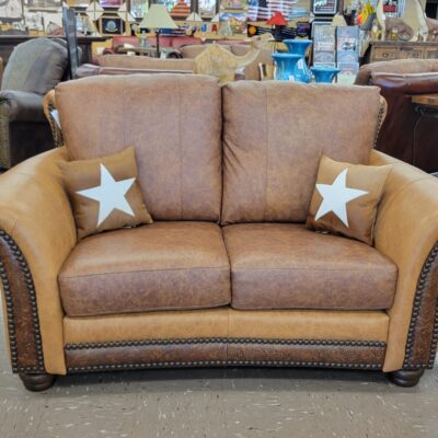 Custom Brown & Tan Genuine Leather Loveseat Made Right Here In Texas! ﻿Great For Cozy Spaces!