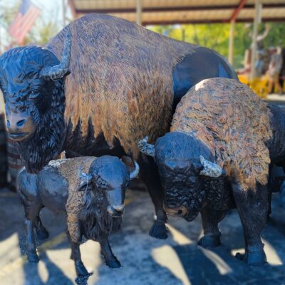 Aluminum Buffalo Trio In The Life-like Finish Showcasing All 3 Sizes Of Free-standing Buffalo.