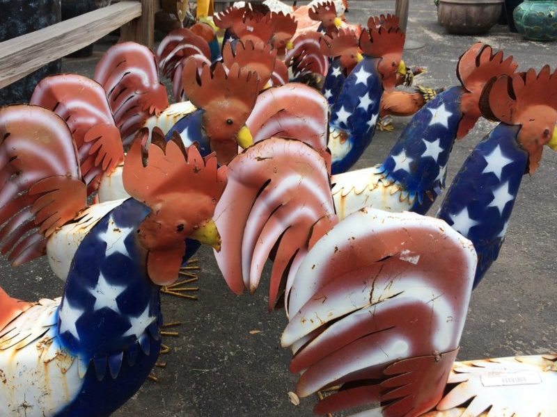 American flag steel roosters, yard art for sale at Rustler's Junction in Lampasas