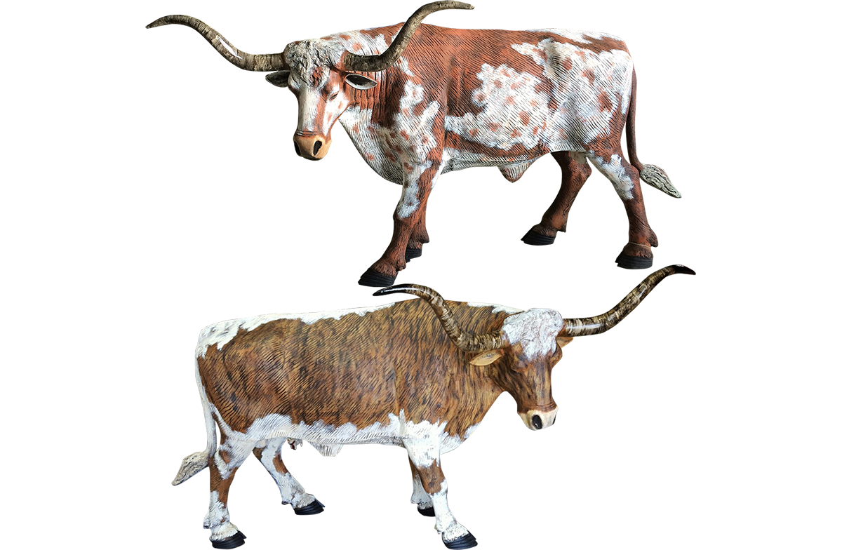 pair of life-size longhorns outdoor decorations for sale at Rustler's Junction in Lampasas, TX